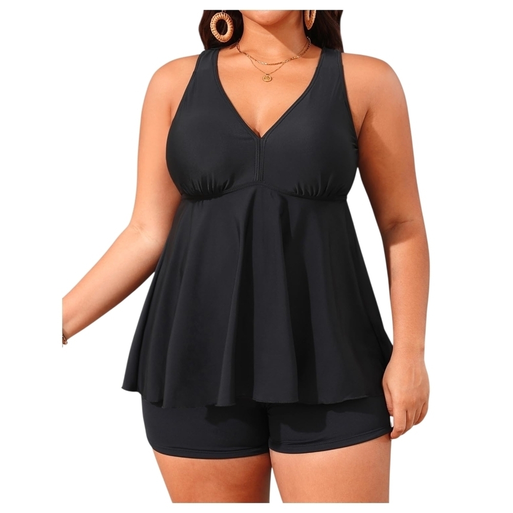 AQUA EVE - 22W Black V-Neck Tankini  2 Piece Swimsuit - Picture 4 of 13